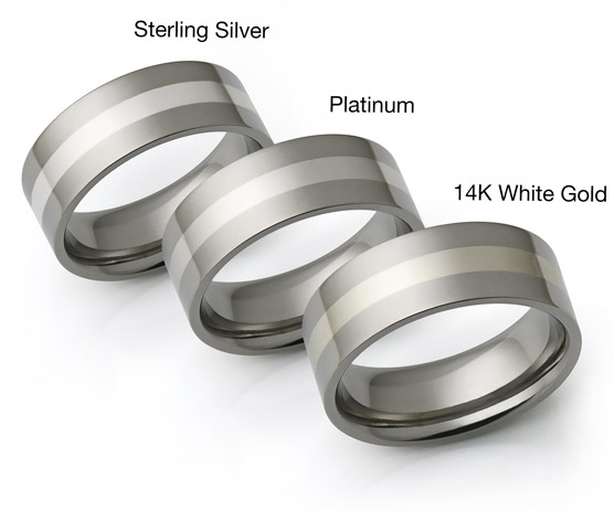 titanium rings with white gold, platinum and silver inlays