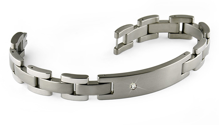 Diamond set titanium bracelet with ID plate. Engraving ready